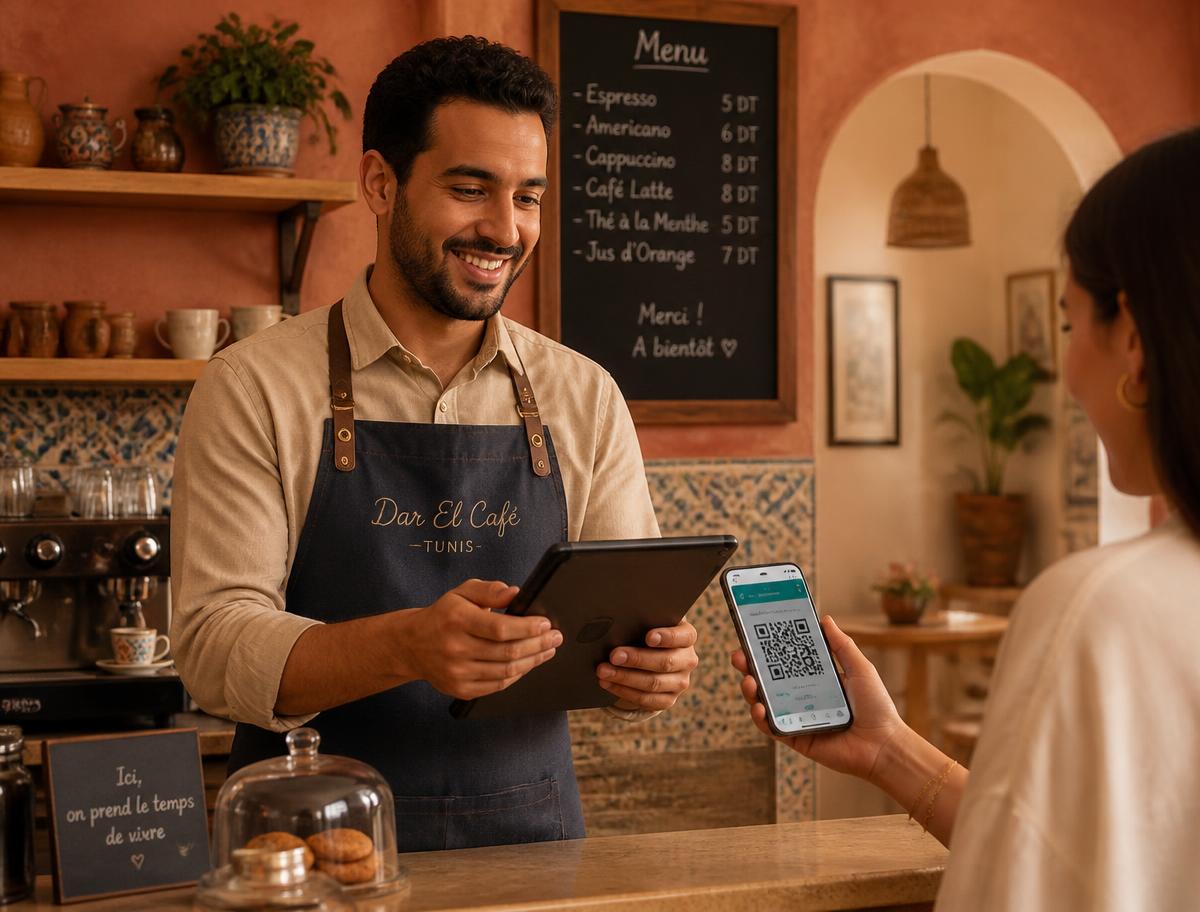 Commerçant scannant le QR code de la carte de fidélité d'une cliente dans son café